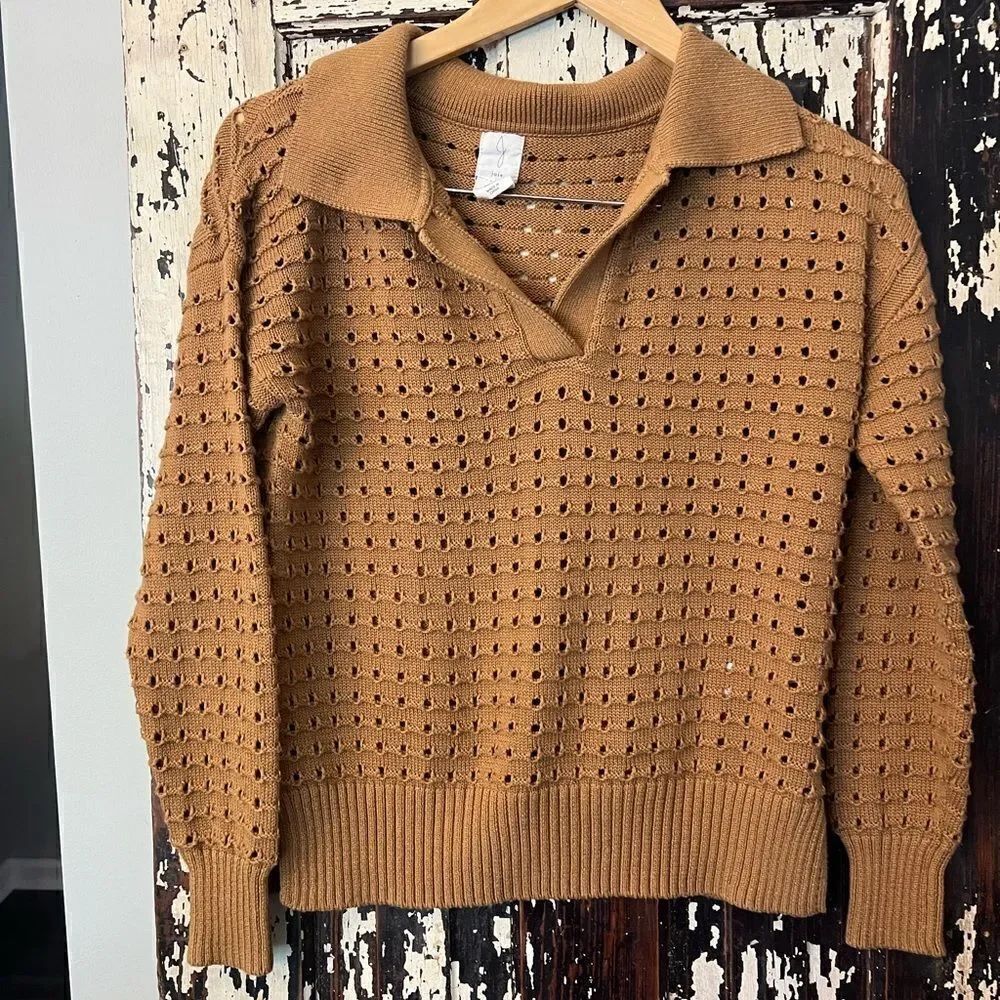 Joie Camel Brown Tan Open Knit Polo Sweater Top women’s  Size XS.